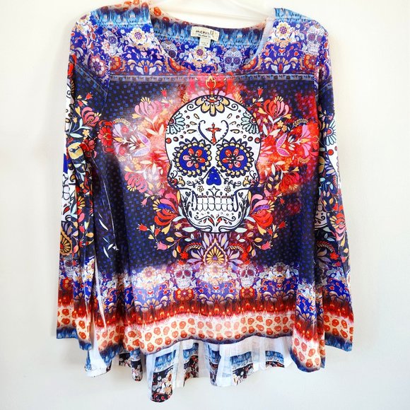 One World Live and let Live colorful skull blouse. Small - Picture 1 of 5
